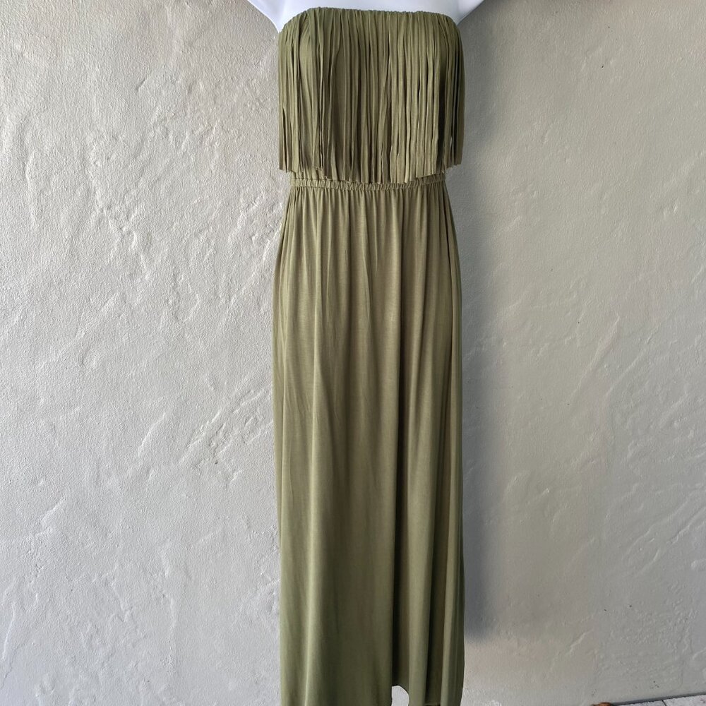POL ARMY GREEN HALTER LONG FRINGE MIDI DRESS SMALL